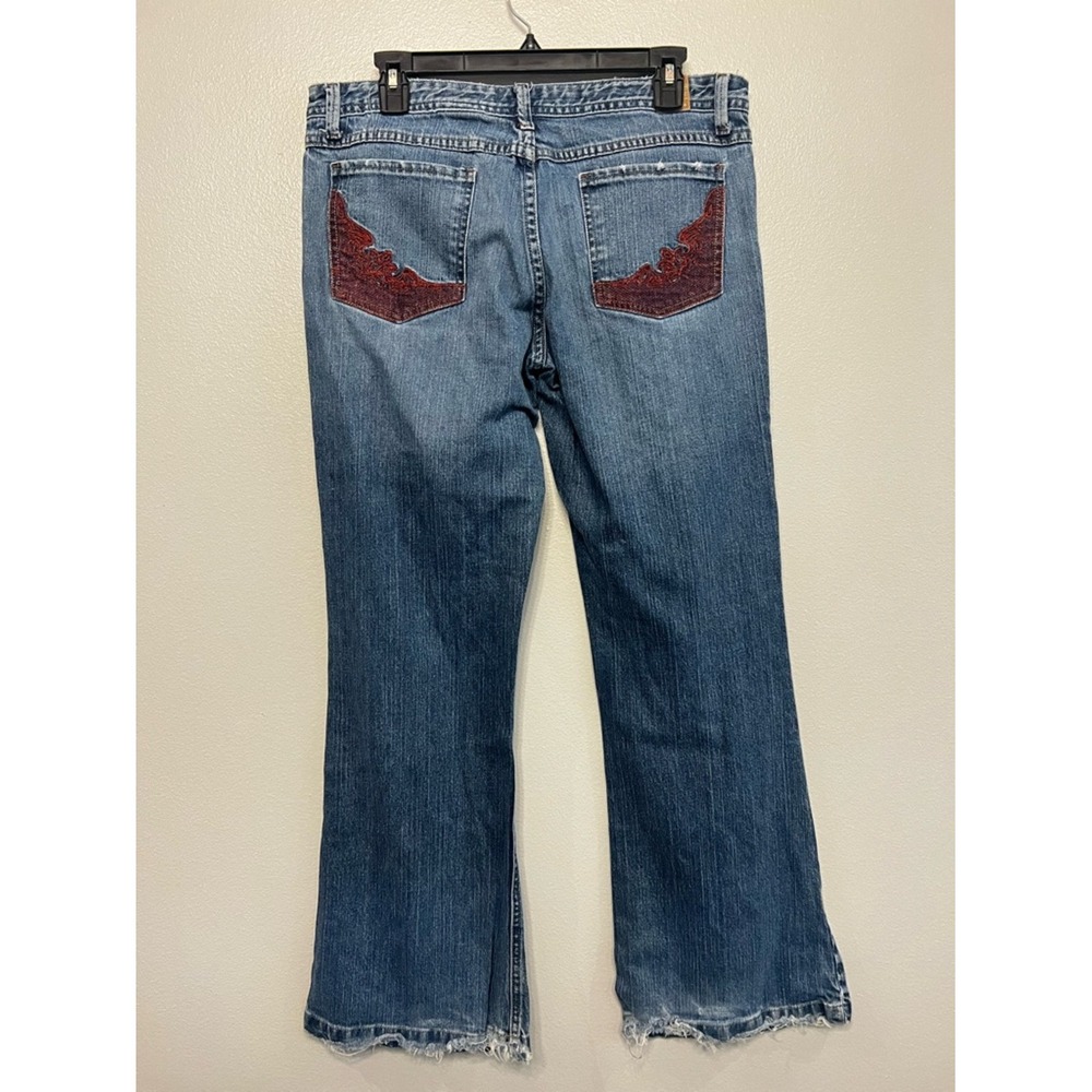 Mudd 90s Y2K Distressed Embroidered Boho Flare Blue Jeans Juniors Sz‎ 15